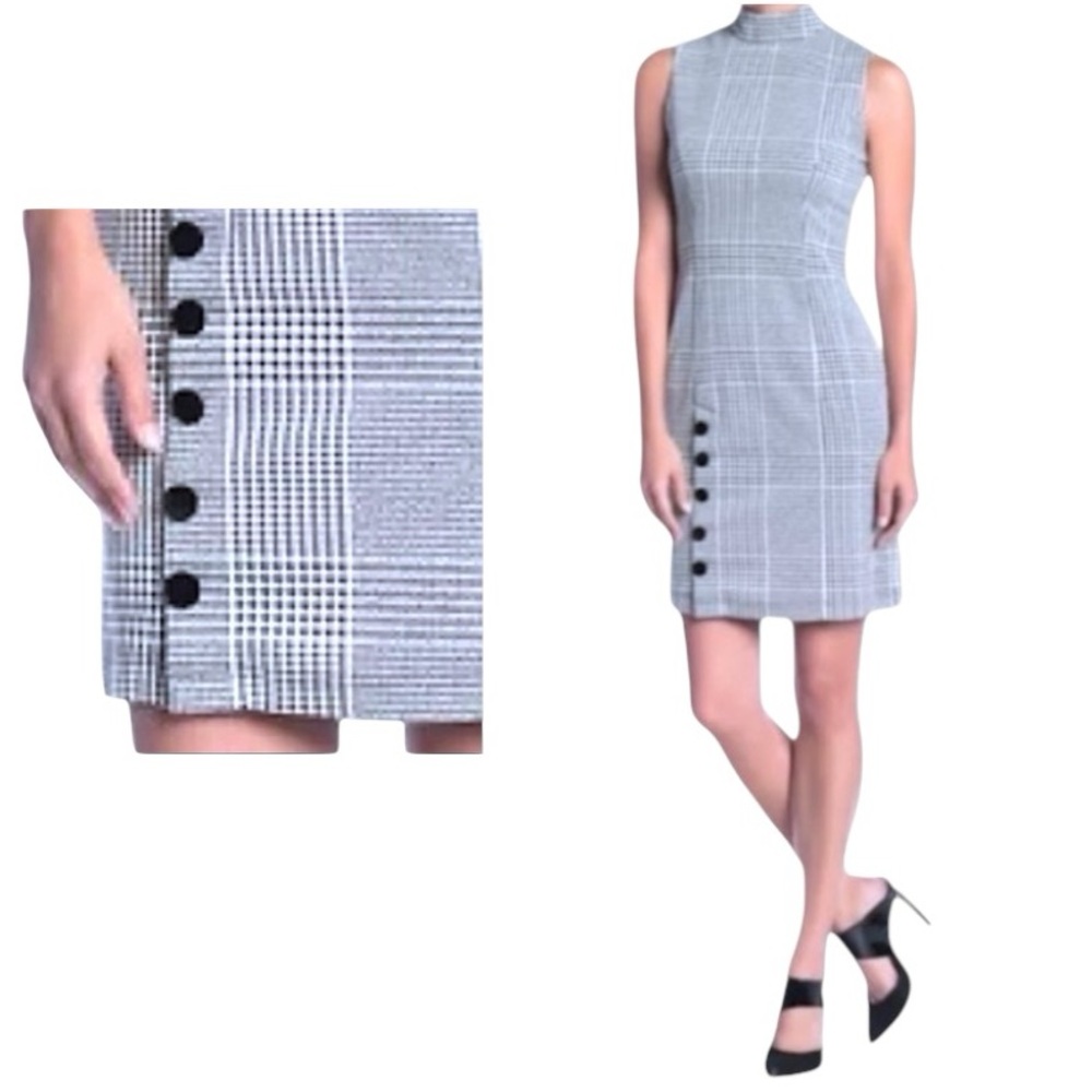 $128 Sharagano Mock Neck Dress Petite 10 Black + White Plaid P10 Faux Button Hem